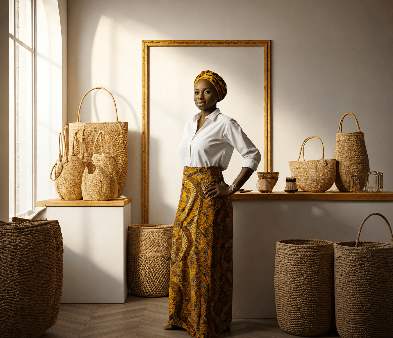 Femme entrepreneure africaine présentant des produits artisanaux faits main